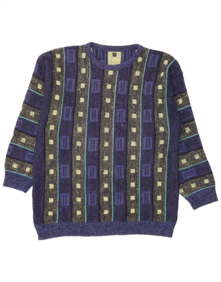 VINTAGE Mens Crew Neck Jumper Sweater Medium Navy Blue Geometric