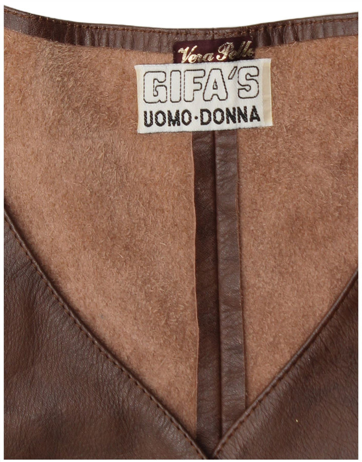 VINTAGE Womens Leather Waistcoat IT 48 XL Brown Leather