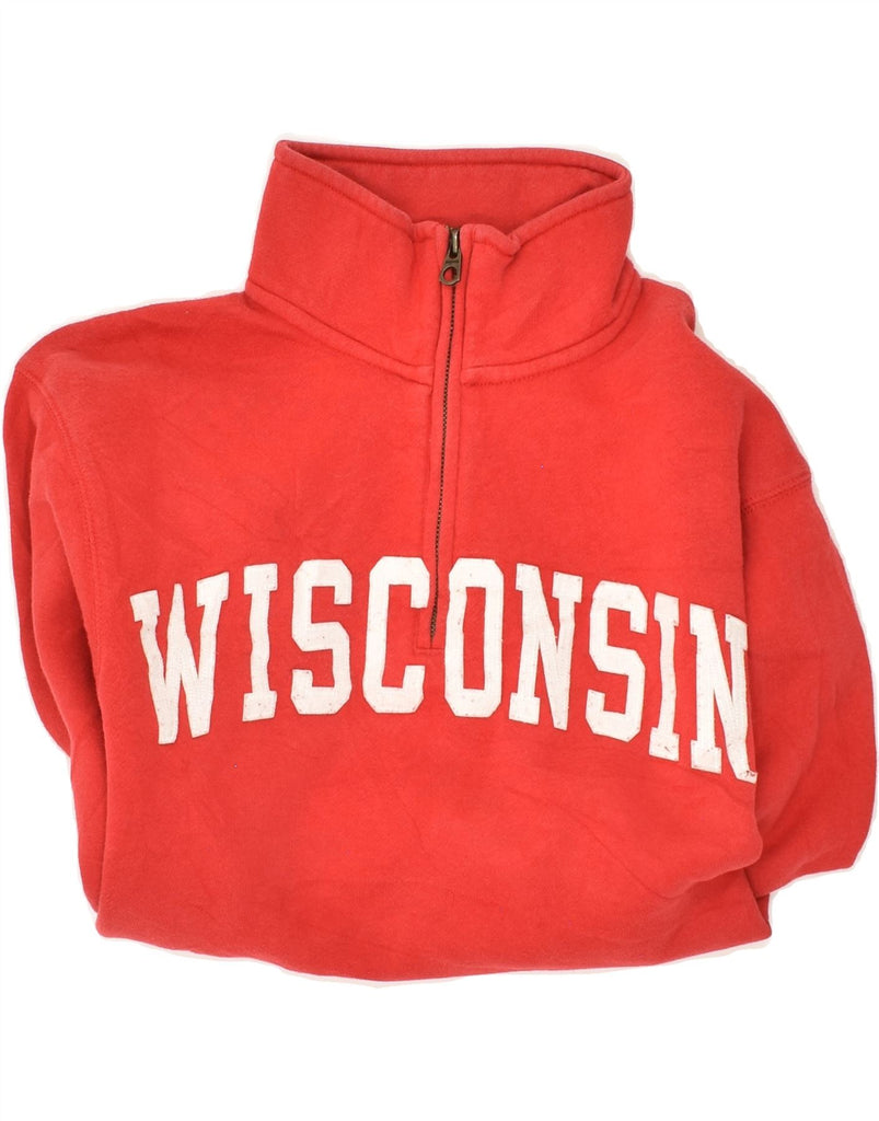 VINTAGE Mens Wisconsin Graphic Zip Neck Sweatshirt Jumper Medium Red | Vintage Vintage | Thrift | Second-Hand Vintage | Used Clothing | Messina Hembry 