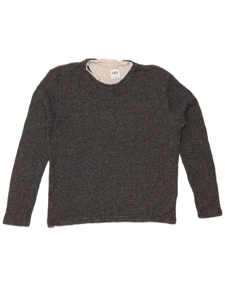 ZARA Womens Top Long Sleeve UK 14 Medium Grey Flecked Cotton