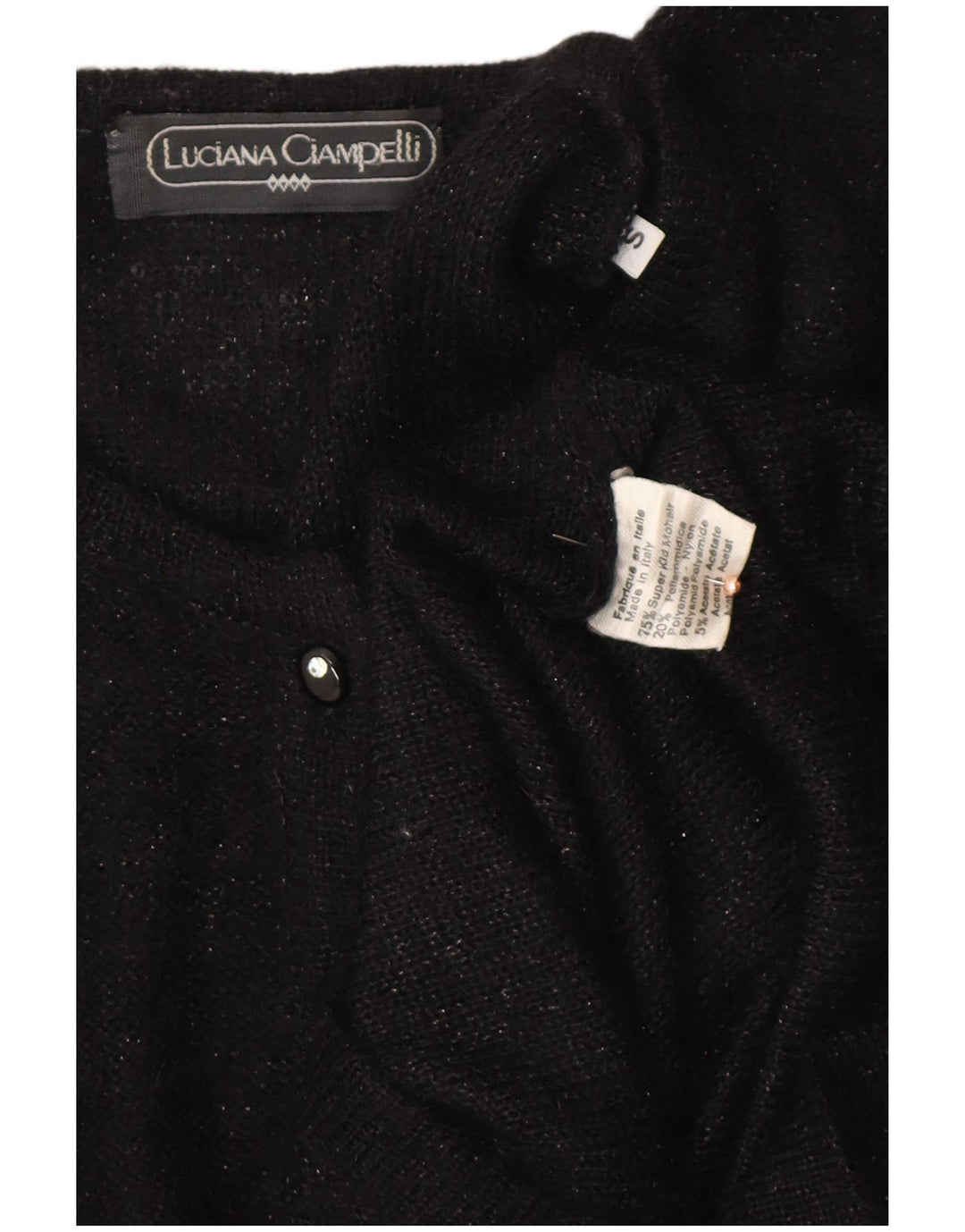 VINTAGE Womens Button Neck Jumper Sweater UK 10 Small Black Flecked Mohair