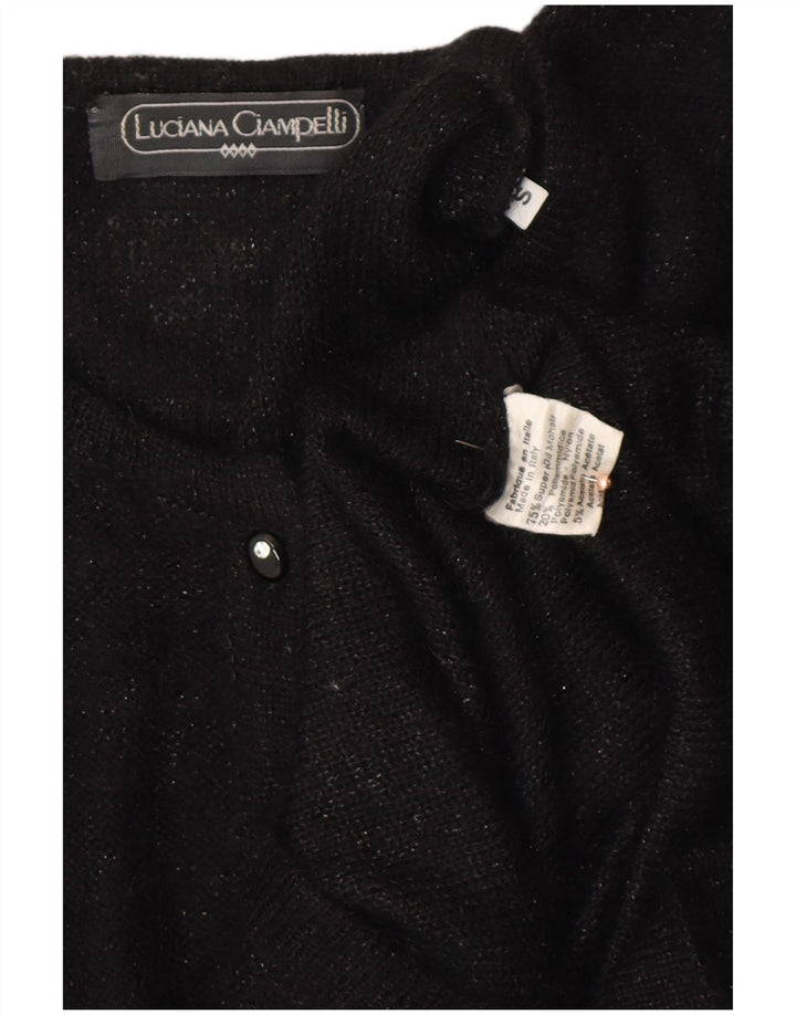 VINTAGE Womens Button Neck Jumper Sweater UK 10 Small Black Flecked Mohair