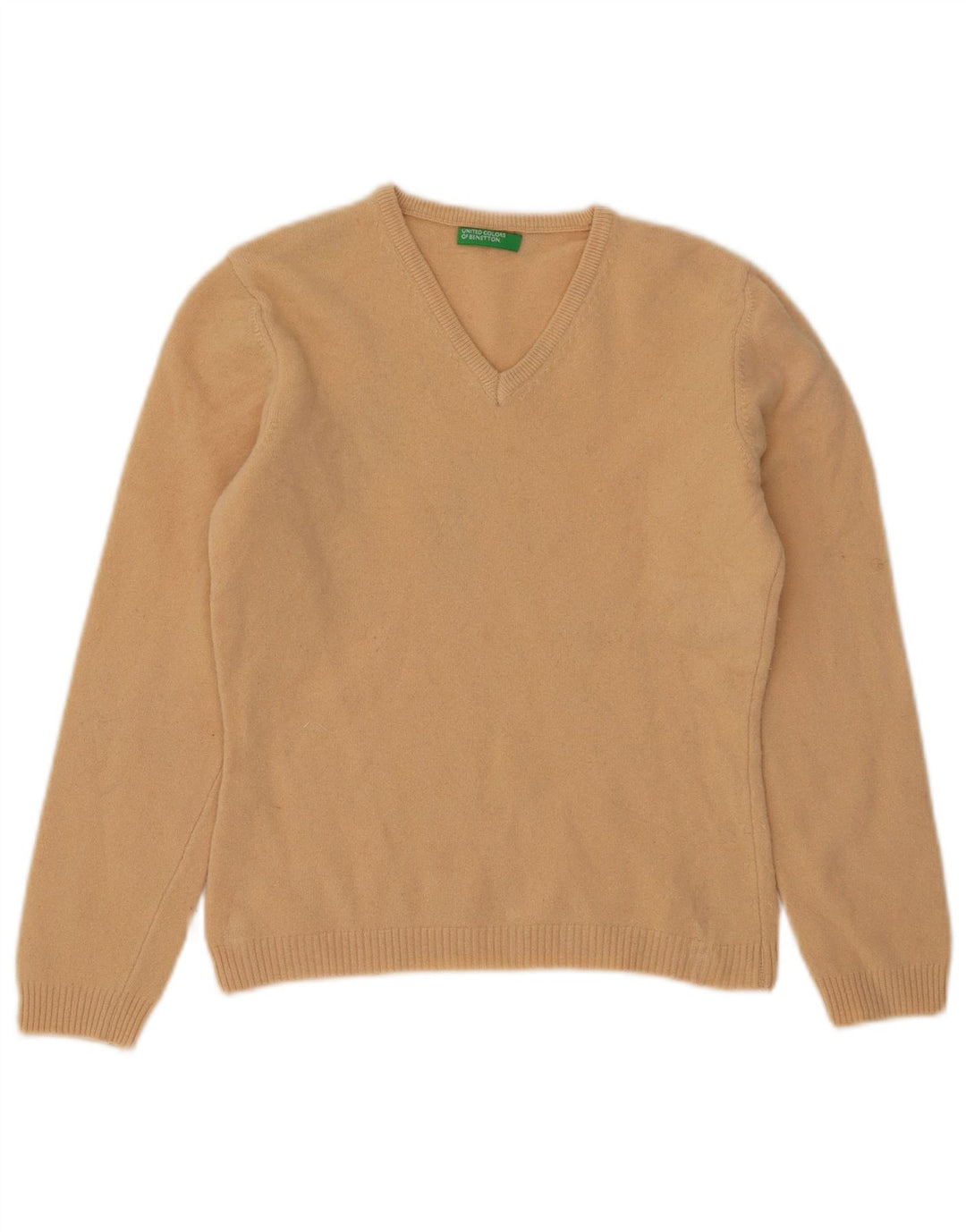 BENETTON Womens Crop V-Neck Jumper Sweater UK 12 Medium Beige Wool