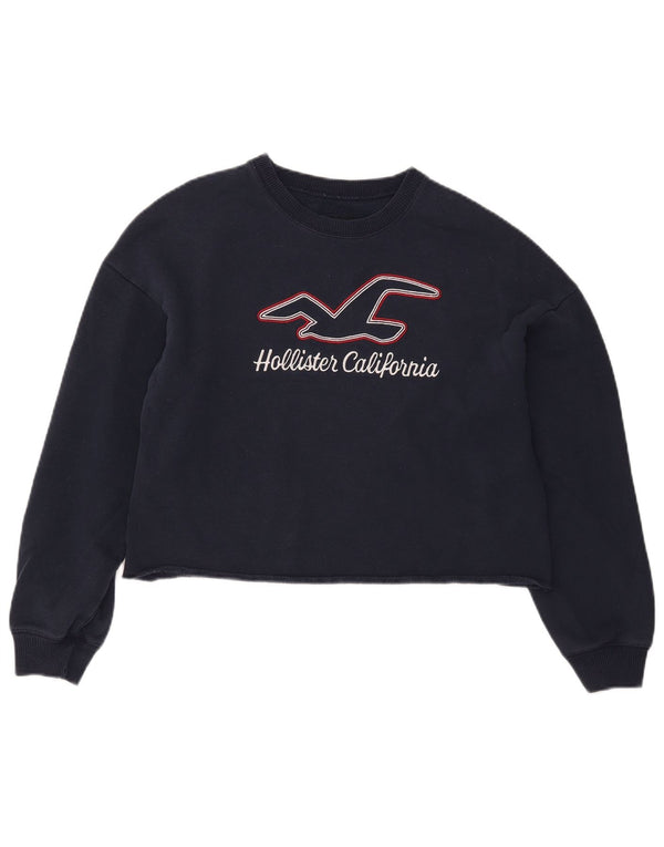 Hollister Womens Crop Graphic Sweatshirt Jumper UK 14 Medium Navy Blue
