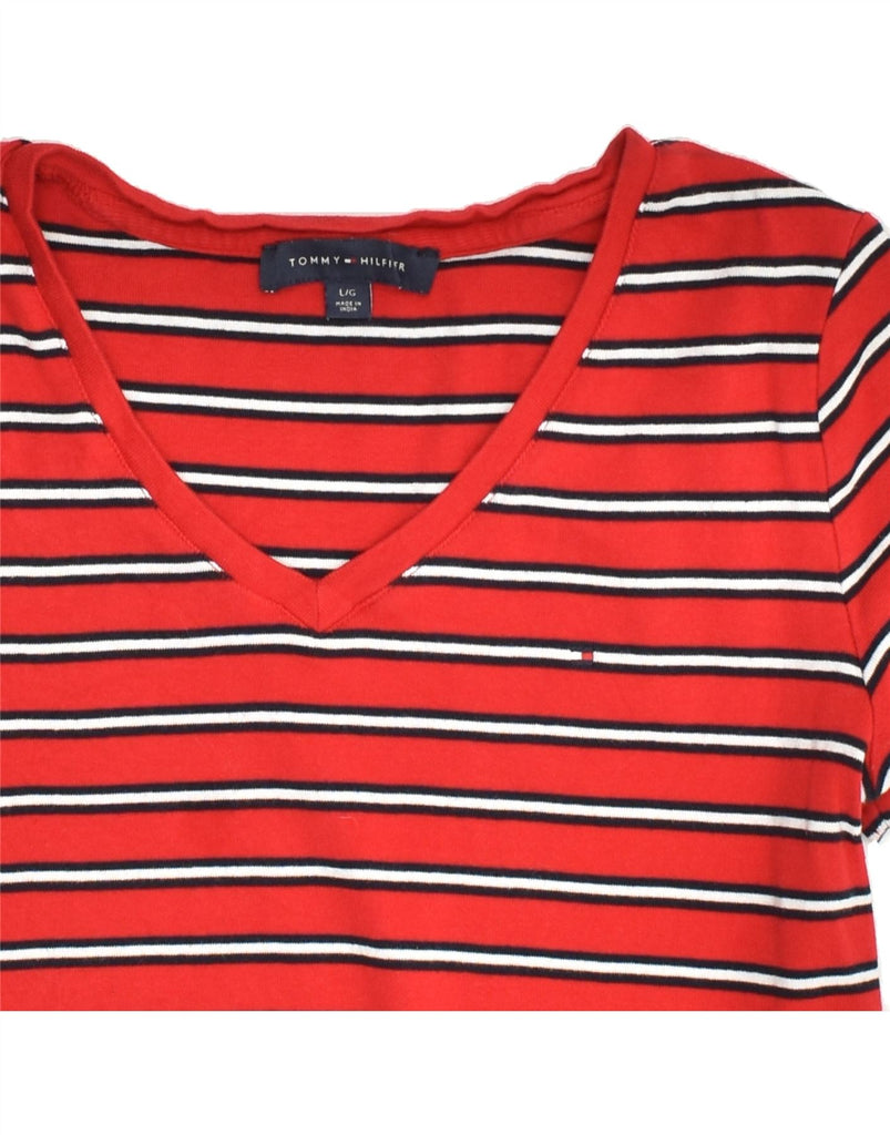 TOMMY HILFIGER Womens T-Shirt Top UK 14 Large Red Striped Cotton | Vintage Tommy Hilfiger | Thrift | Second-Hand Tommy Hilfiger | Used Clothing | Messina Hembry 