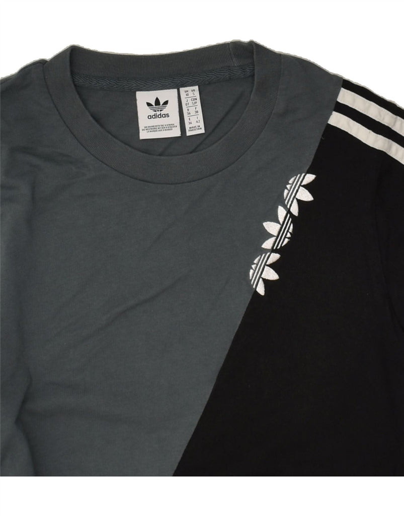 ADIDAS Womens Graphic T-Shirt Top UK 10 Small  Grey Colourblock Cotton | Vintage Adidas | Thrift | Second-Hand Adidas | Used Clothing | Messina Hembry 