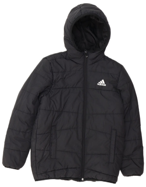 ADIDAS Boys Hooded Padded Jacket 11-12 Years Black Polyester