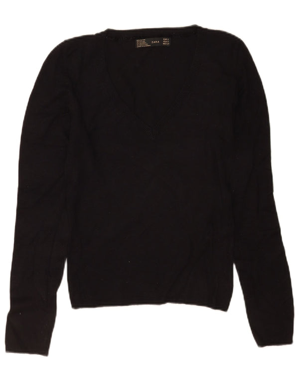 Zara Womens V-Neck Jumper Sweater UK 8 Small Black Rayon