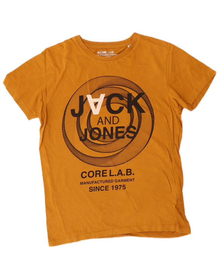 JACK & JONES Mens Graphic T-Shirt Top Medium Yellow Cotton