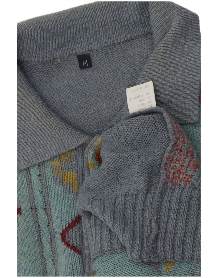 Vintage Mens Polo Neck Jumper Sweater Medium Grey Geometric Alpaca Wool