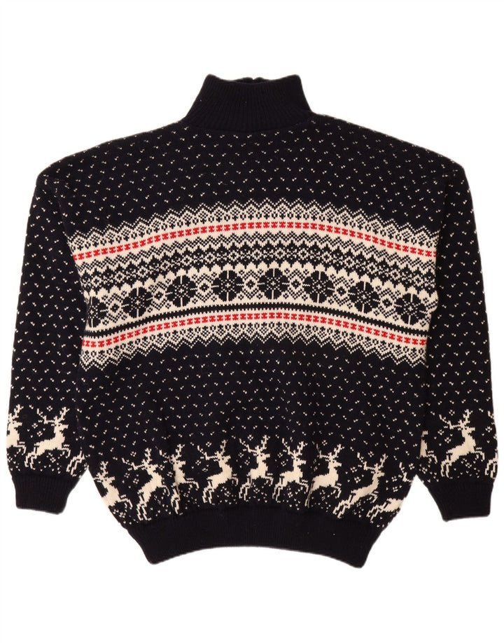 Vintage Mens Zip Neck Jumper Sweater XL Navy Blue Fair Isle