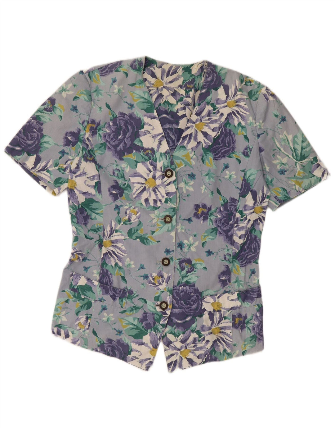 VINTAGE Womens Short Sleeve Shirt Blouse UK 14 Large Blue Floral