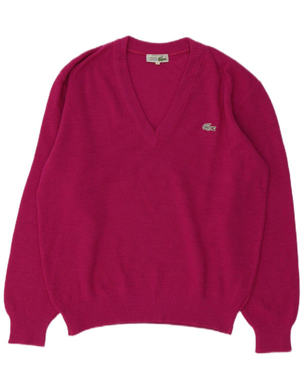 LACOSTE Mens V-Neck Jumper Sweater Size 5 Large Pink Wool