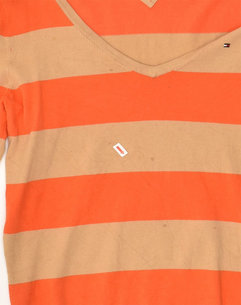 TOMMY HILFIGER Mens V-Neck Jumper Sweater Small Orange Striped Cotton | Vintage Tommy Hilfiger | Thrift | Second-Hand Tommy Hilfiger | Used Clothing | Messina Hembry 