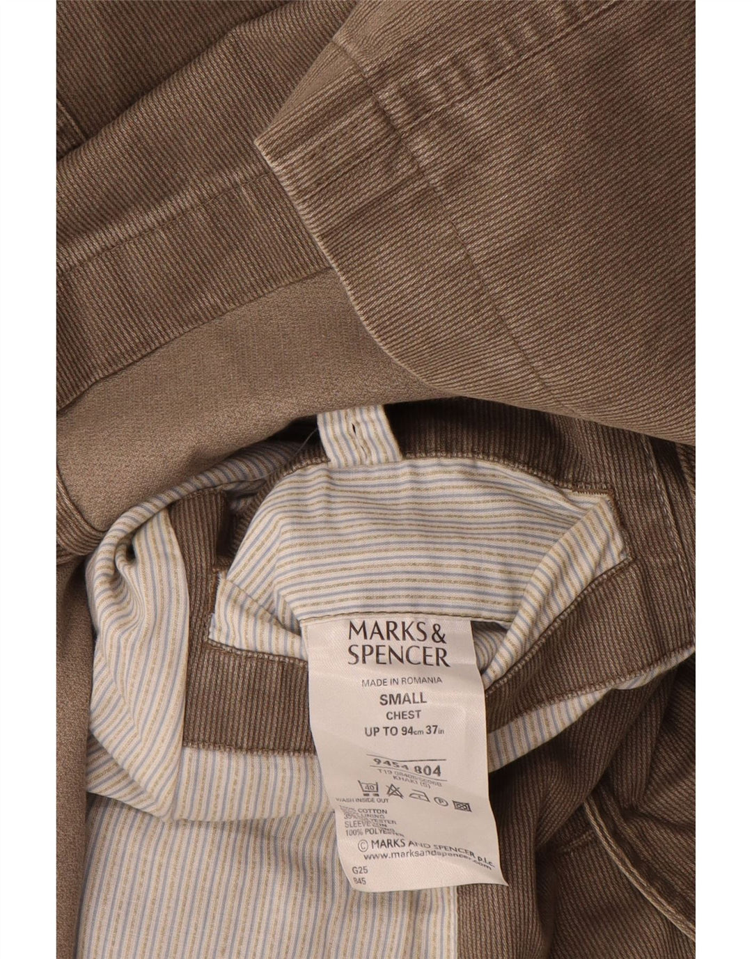 Marks & Spencer Mens 3 Button Blazer Jacket UK 36 Small Khaki Pinstripe