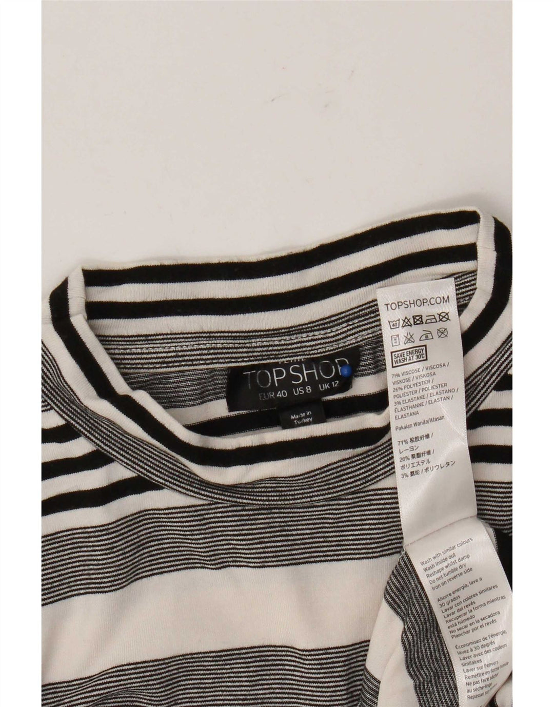 Topshop Womens T-Shirt Top UK 12 Medium  White Striped Viscose