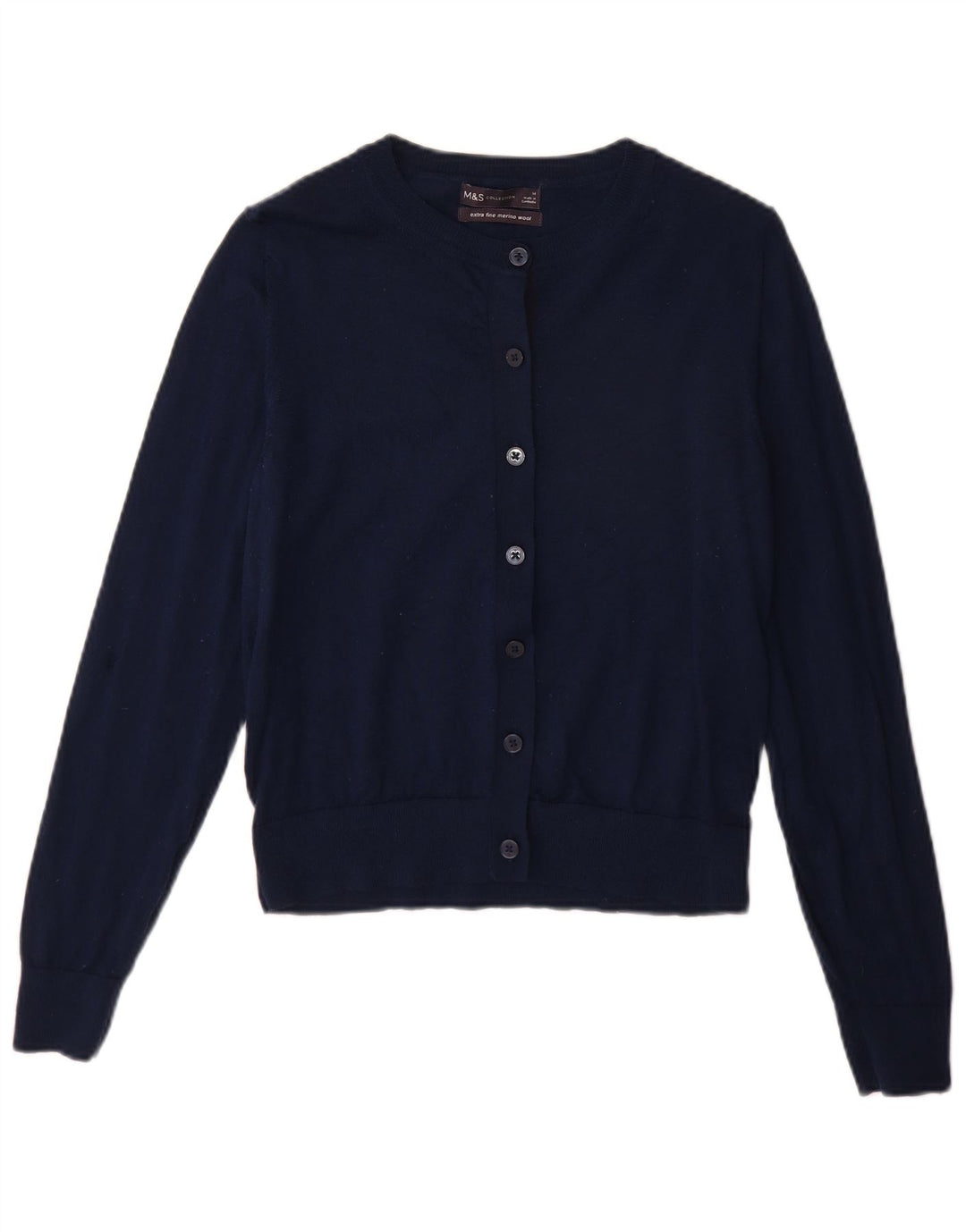 Marks & Spencer Womens Cardigan Sweater UK 14 Medium Navy Blue Merino Wool