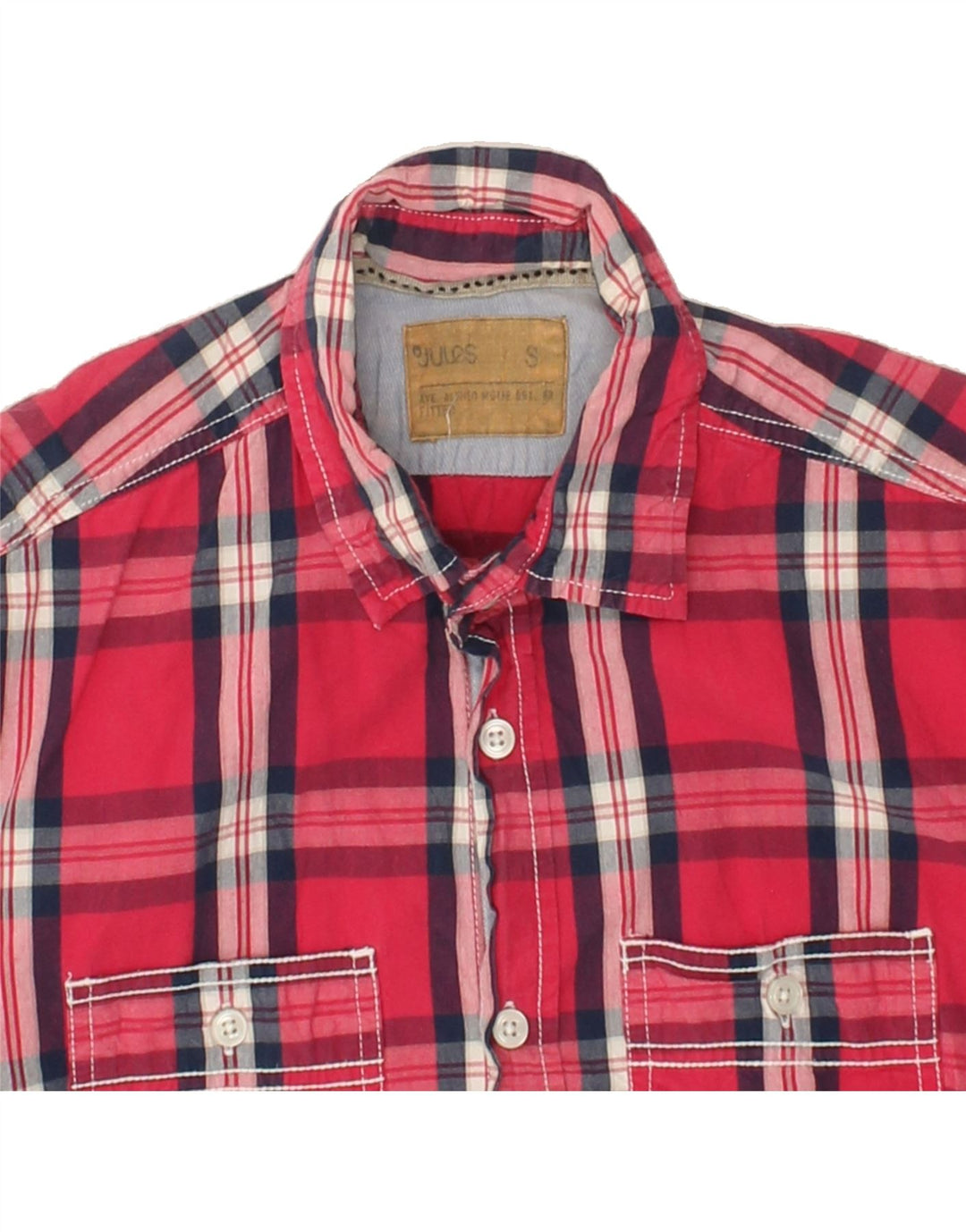 JULES Mens Short Sleeve Shirt Small Red Check Cotton Vintage Jules and Second-Hand Jules from Messina Hembry 