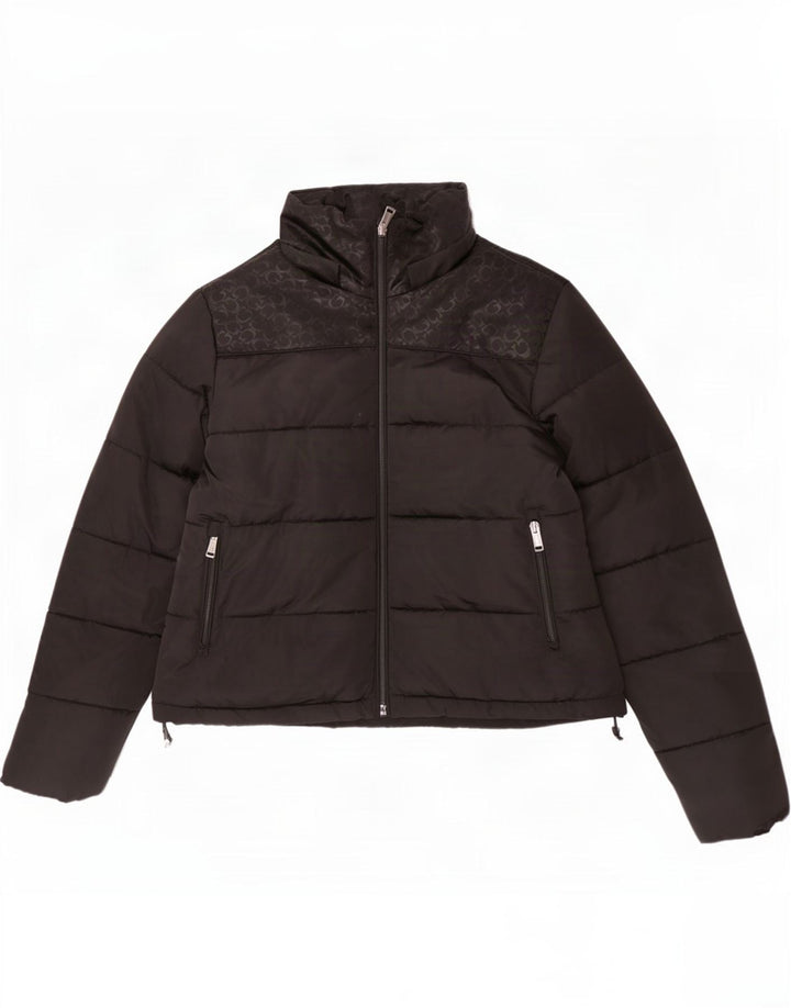 Guess Womens Crop Graphic Padded Jacket UK 6 XS Black Polyester