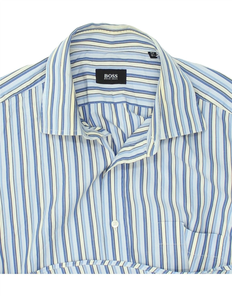 HUGO BOSS Mens Short Sleeve Shirt Size 15 3/4 40 Medium Blue Striped | Vintage Hugo Boss | Thrift | Second-Hand Hugo Boss | Used Clothing | Messina Hembry 