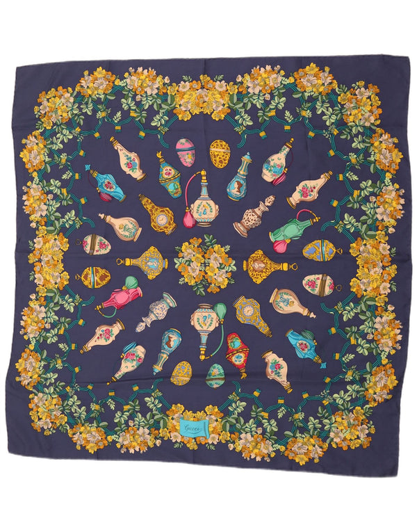 Gucci Womens Graphic Square Scarf One Size Navy Blue Floral Silk Classic