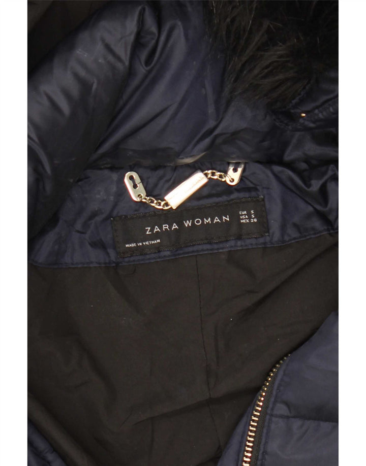 Zara Womens Hooded Padded Coat UK 10 Small Navy Blue Polyester