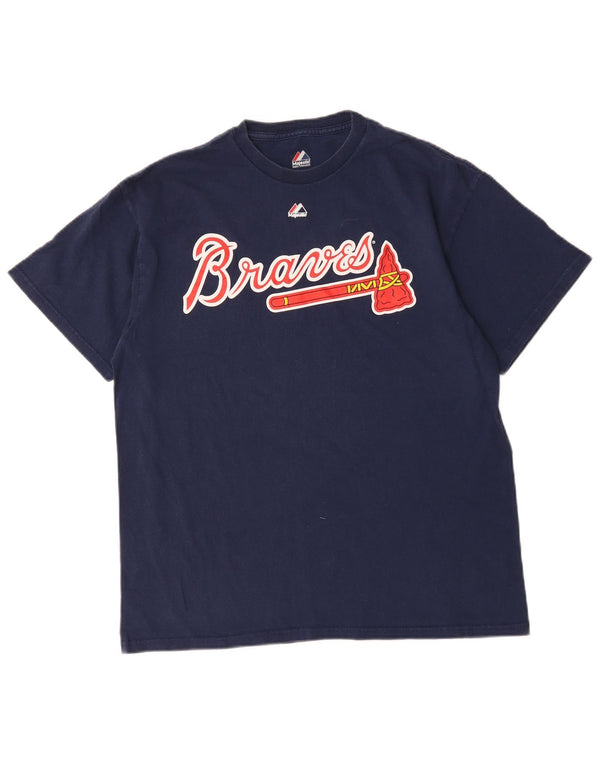 Majestic Mens Atlanta Braves Graphic T-Shirt Top Large Navy Blue Cotton