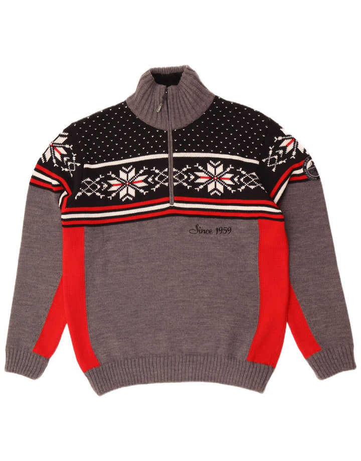 CMP Mens Zip Neck Jumper Sweater Large Grey Fair Isle Acrylic