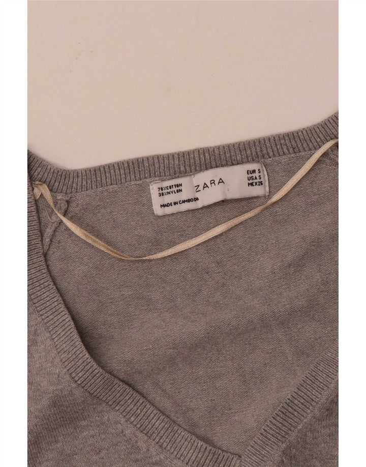 Zara Womens V-Neck Jumper Sweater UK 10 Small Grey Cotton
