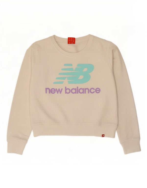 New Balance Womens Crop Graphic Sweatshirt Jumper UK 14 Medium White Cotton