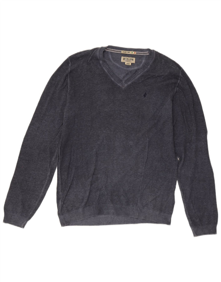 Marlboro Classics Mens V-Neck Jumper Sweater Medium Navy Blue Cotton