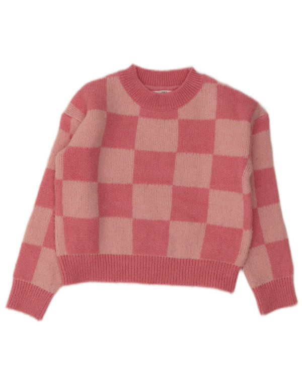 Marks & Spencer Girls Crop Crew Neck Jumper Sweater 9-10 Years Pink Check