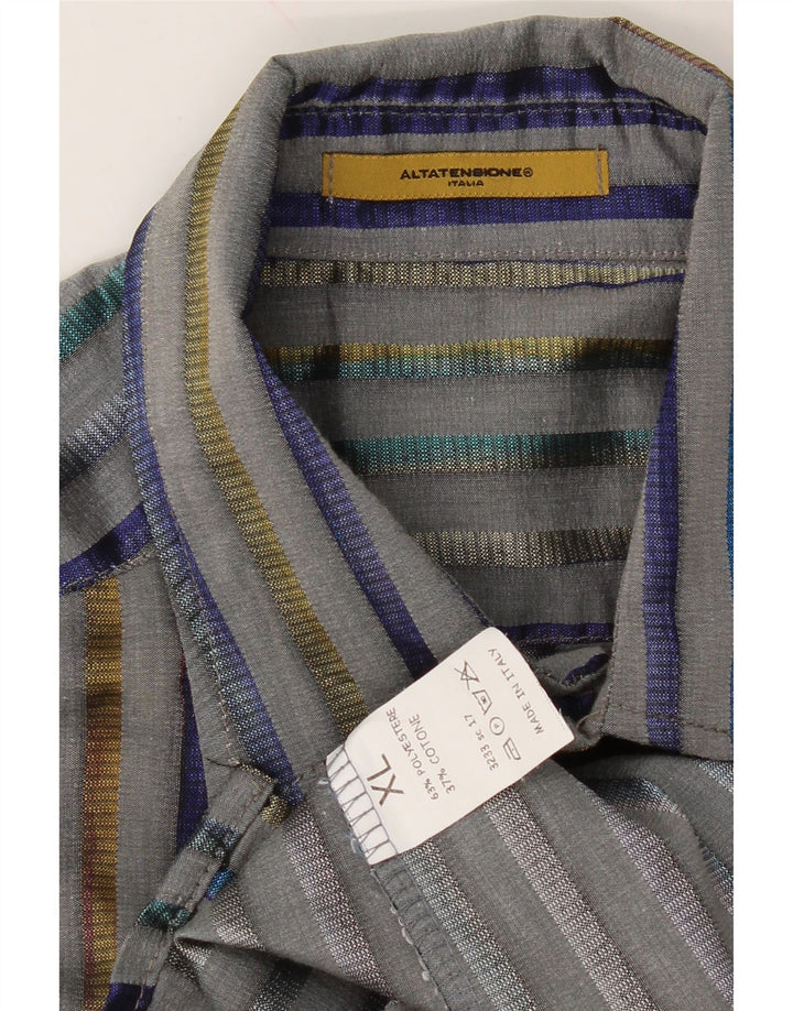 ALTATENSIONE Mens Shirt XL Grey Striped Polyester Vintage Altatensione and Second-Hand Altatensione from Messina Hembry 