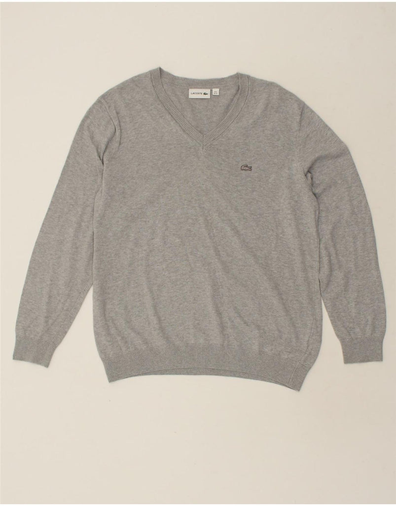 LACOSTE Mens V-Neck Jumper Sweater Size 6 XL Grey Cotton | Vintage Lacoste | Thrift | Second-Hand Lacoste | Used Clothing | Messina Hembry 