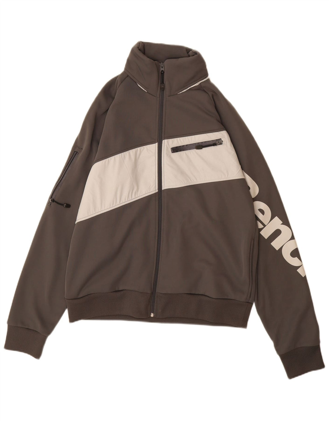 BENCH Mens Graphic Tracksuit Top Jacket Large Grey Colourblock Polyester