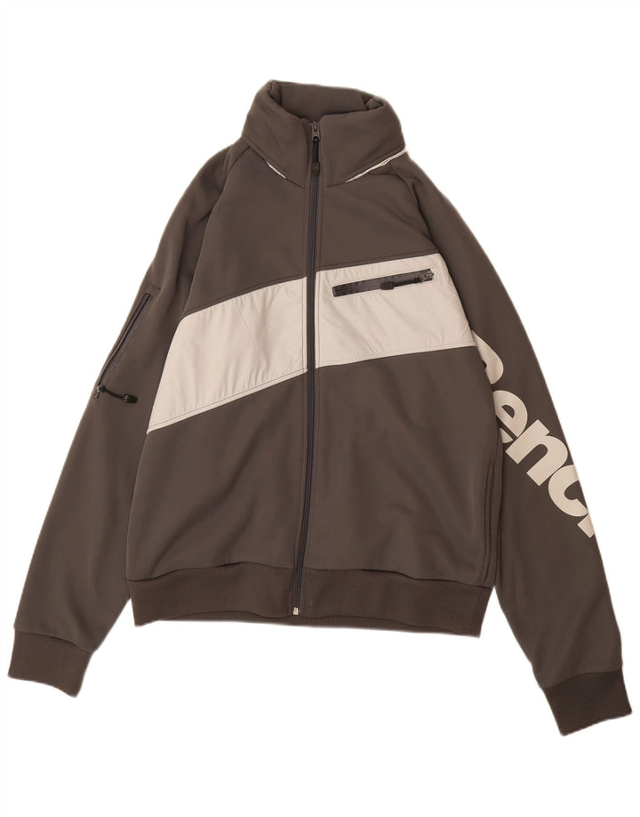 BENCH Mens Graphic Tracksuit Top Jacket Large Grey Colourblock Polyester