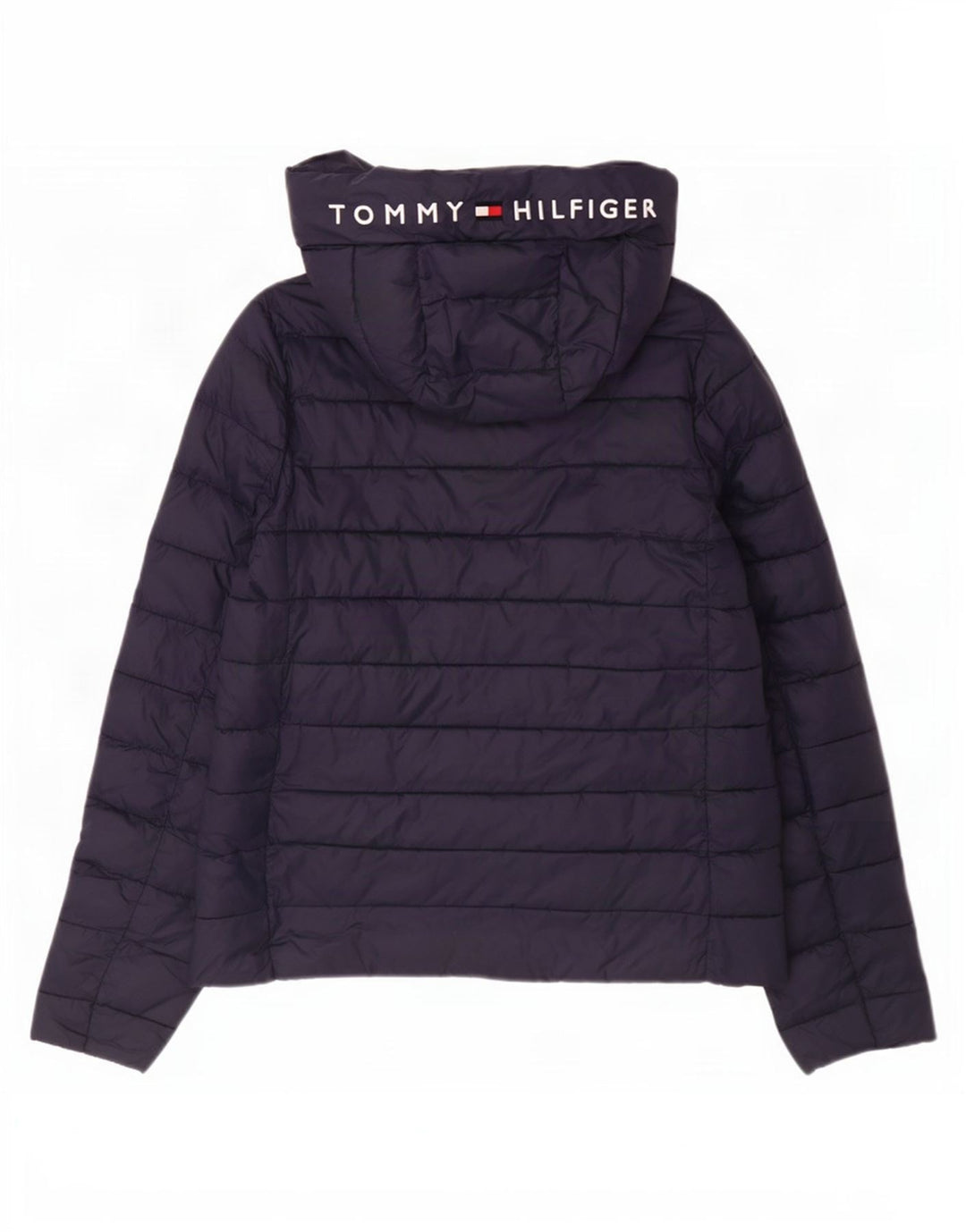 Tommy Hilfiger Womens Graphic Hooded Padded Jacket UK 14 Medium Navy Blue