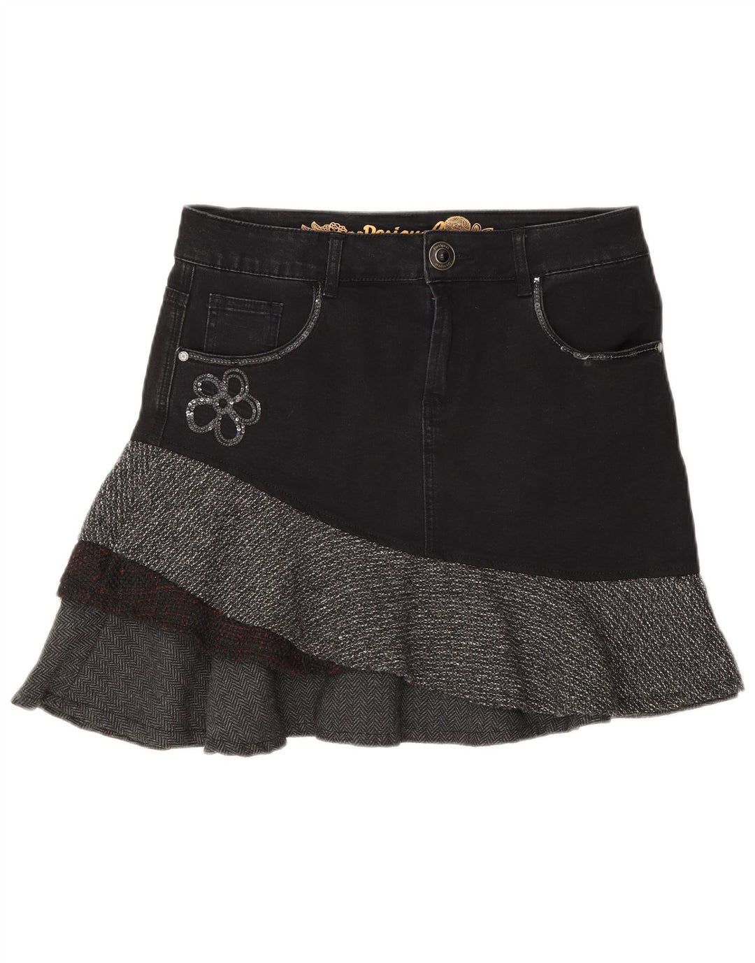 Desigual Womens Asymmetric Denim Skirt EU 40 Medium W30 Grey Herringbone