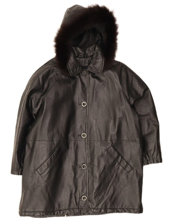 Privilegi Womens Hooded Oversized Leather Coat IT 44 Medium Black Leather