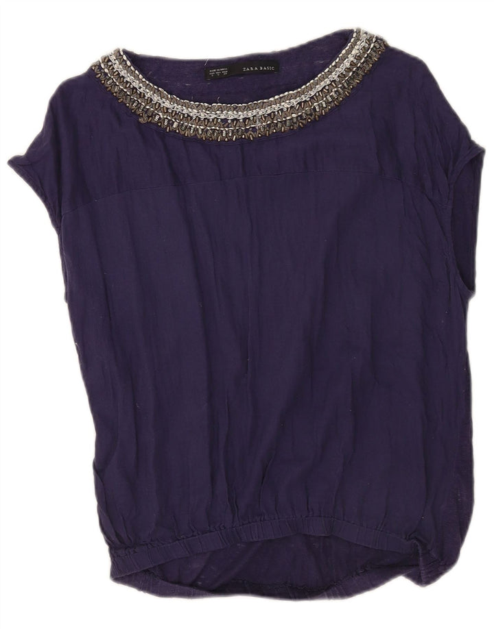 Zara Womens Sleeveless Oversized Blouse Top UK 10 Small Navy Blue Linen