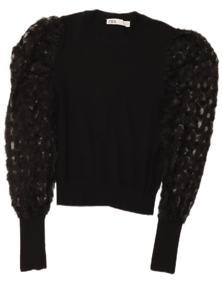 Zara Womens Crop Top Long Sleeve UK 8 Small Black Floral
