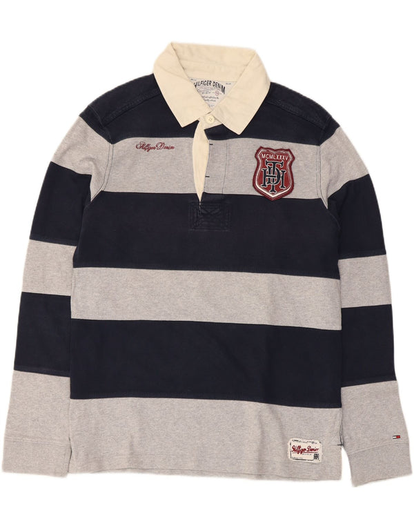 TOMMY HILFIGER Mens Graphic Rugby Polo Shirt Large Navy Blue Striped