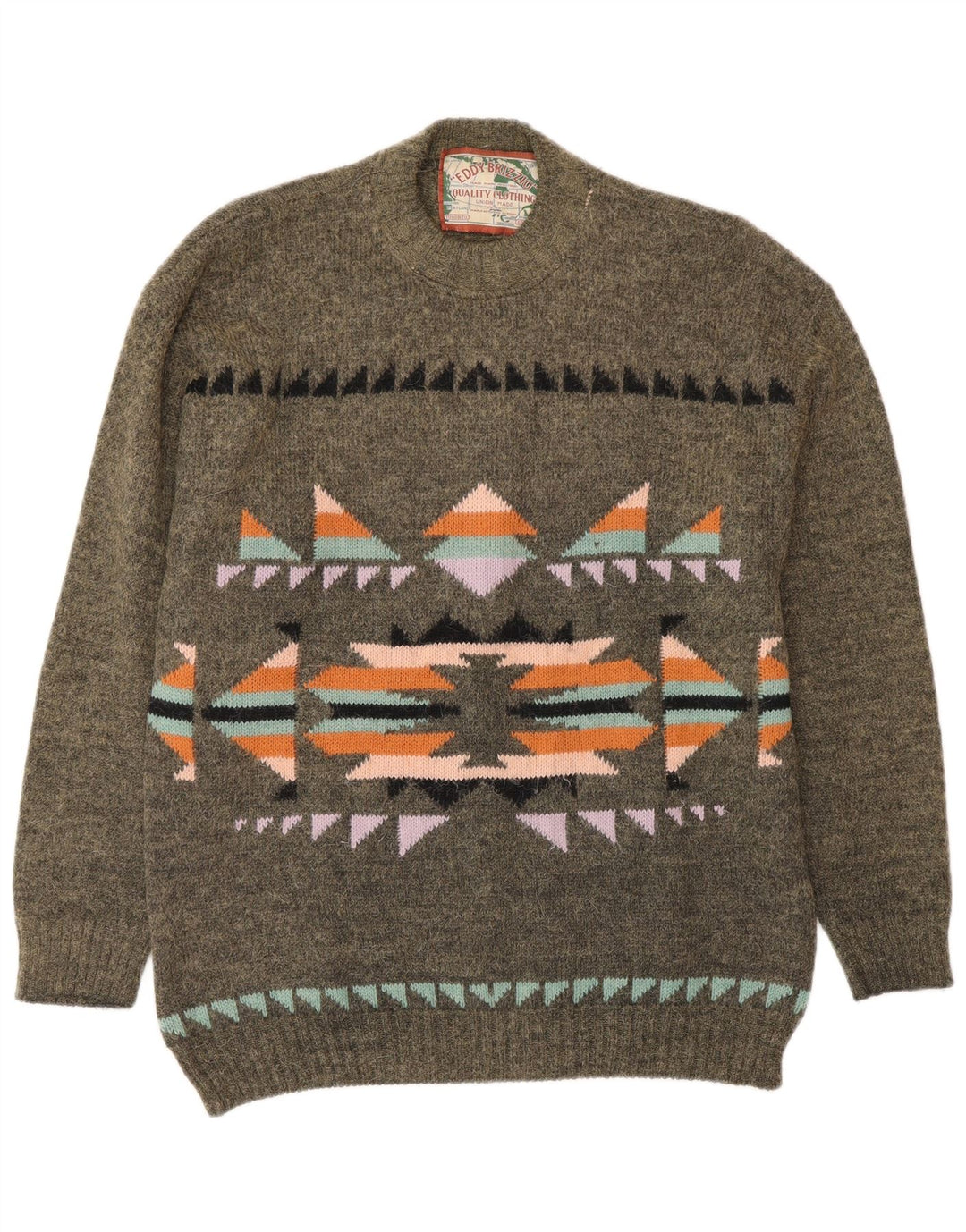 Vintage Mens Crew Neck Jumper Sweater Medium Khaki Fair Isle