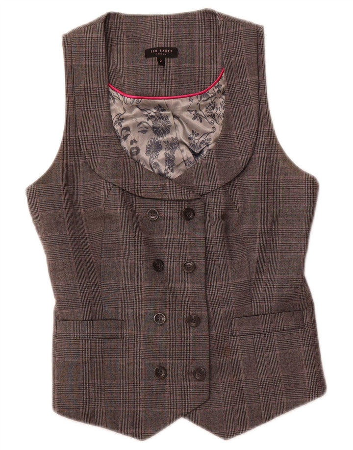 TED BAKER Womens Double Breasted Waistcoat Size 2 Small Grey Check Wool