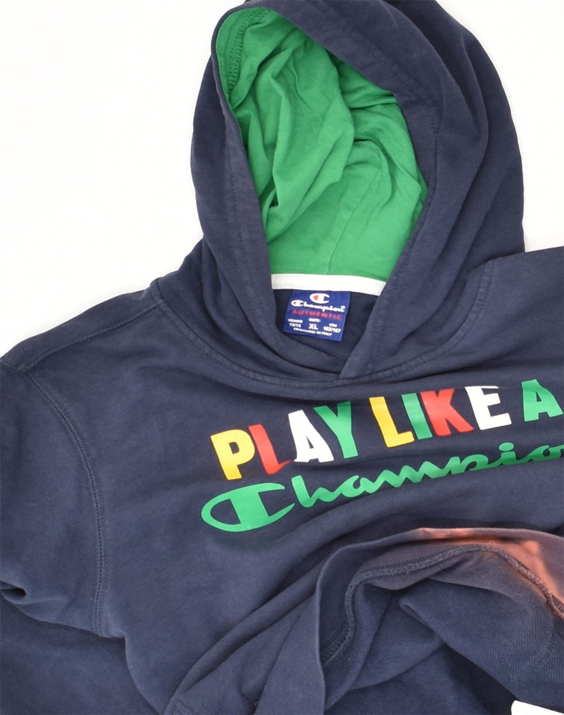 CHAMPION Boys Graphic Hoodie Jumper 13-14 Years XL Navy Blue Cotton | Vintage Champion | Thrift | Second-Hand Champion | Used Clothing | Messina Hembry 