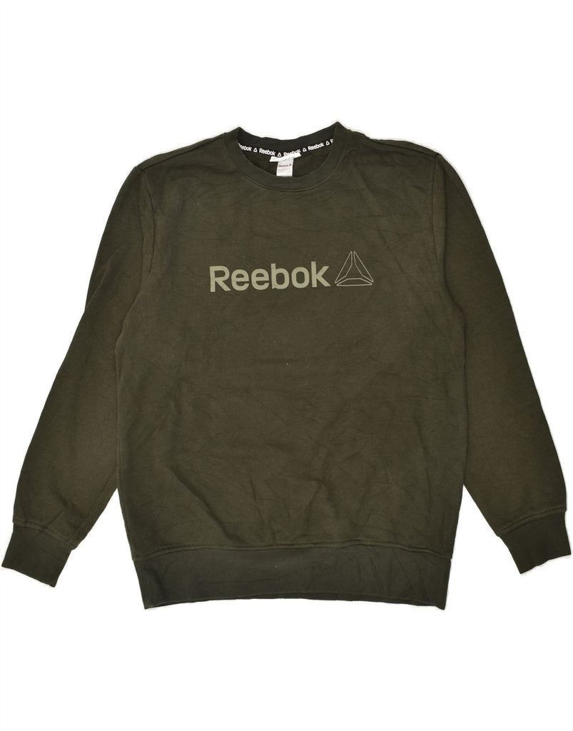 REEBOK Mens Graphic Sweatshirt Jumper Medium Khaki Cotton | Vintage Reebok | Thrift | Second-Hand Reebok | Used Clothing | Messina Hembry 