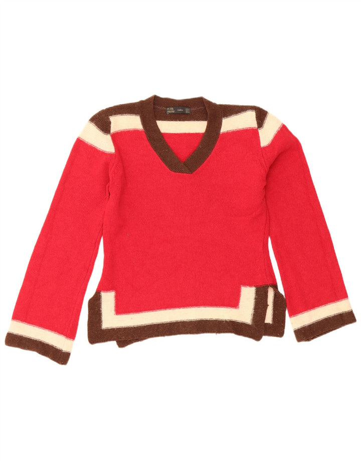 Zara Womens Crop V-Neck Jumper Sweater UK 12 Medium Red Striped Wool