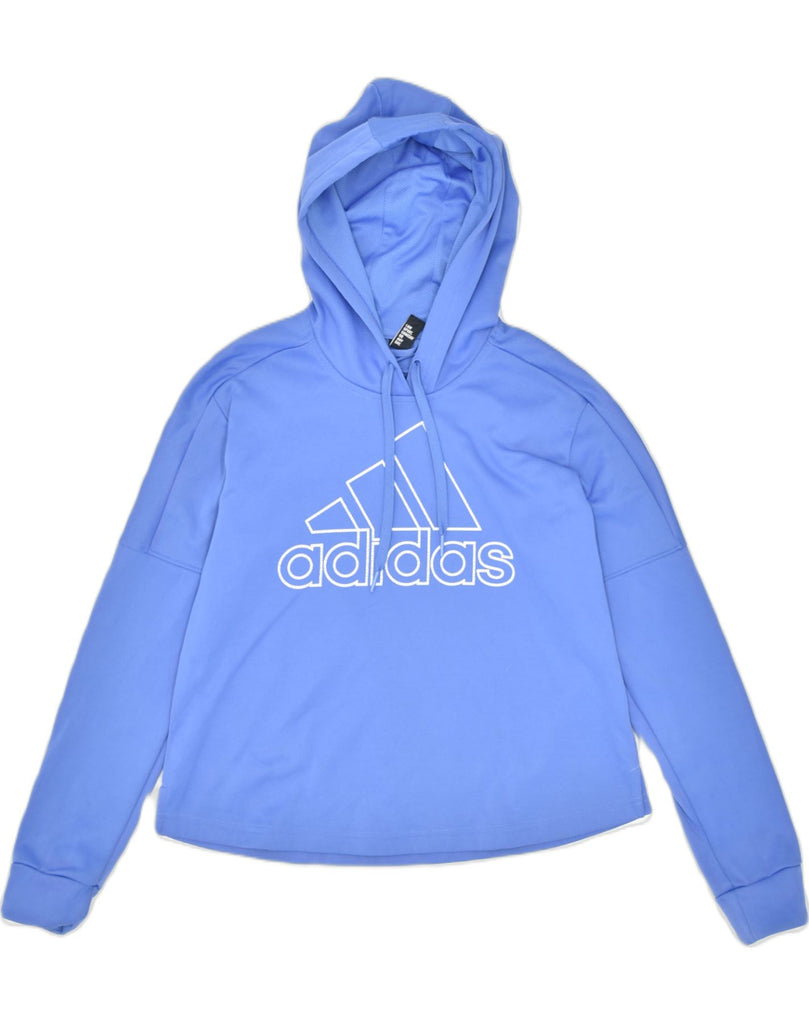 ADIDAS Womens Graphic Hoodie Jumper UK 12/14 Medium Blue Polyester | Vintage | Thrift | Second-Hand | Used Clothing | Messina Hembry 