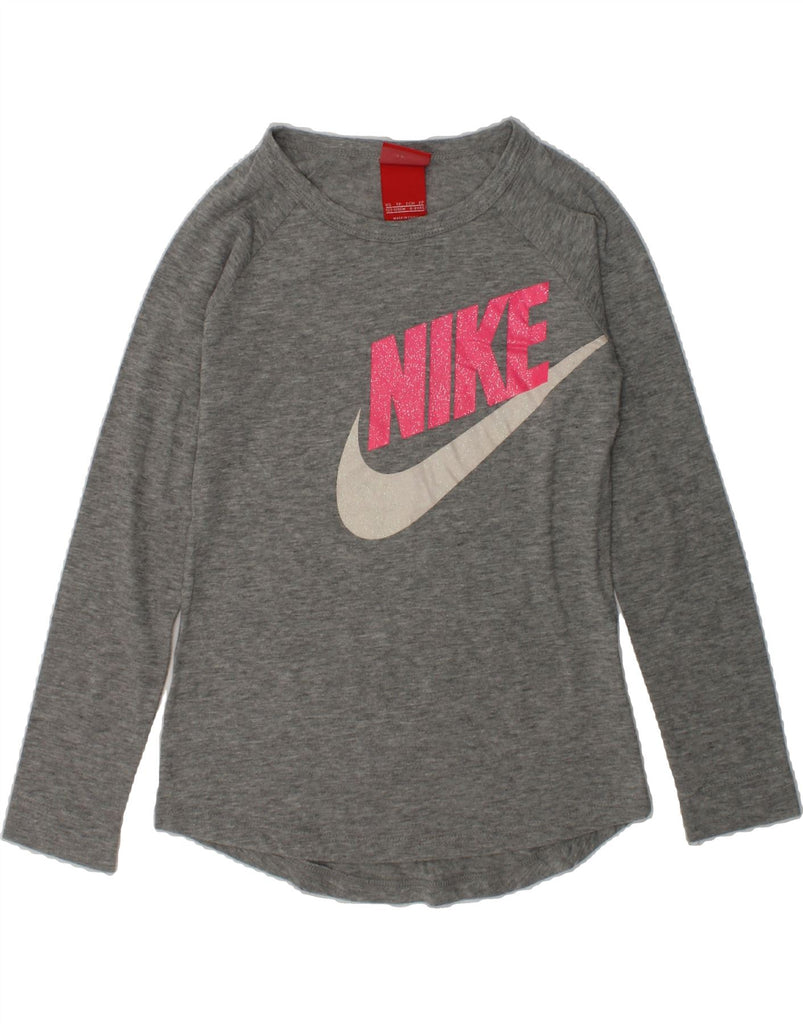 NIKE Girls Graphic Top Long Sleeve 6-7 Years XS Grey | Vintage Nike | Thrift | Second-Hand Nike | Used Clothing | Messina Hembry 