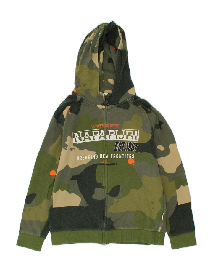 NAPAPIJRI Boys Graphic Zip Hoodie Sweater 11-12 Years Green Camouflage Vintage Napapijri and Second-Hand Napapijri from Messina Hembry 